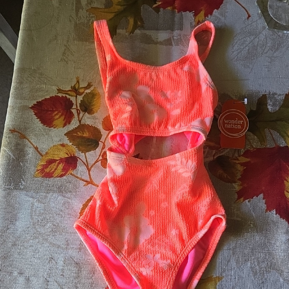 Wonder Nation Floral Cutout One Piece - Neon Orange